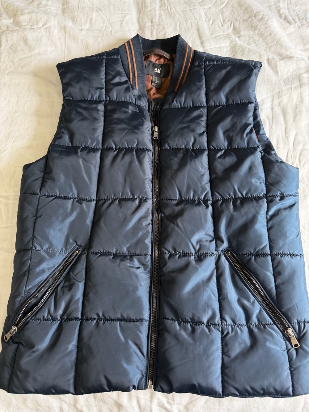 H&M Men's Navy Quilted Puffer Vest with Striped Collar